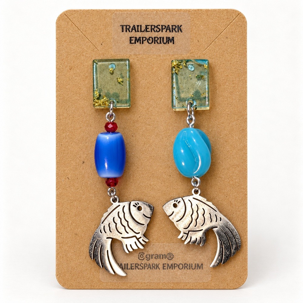 Trailerspark Emporium Mismatched Fish Drop Earrings Blue Glass Stainless Steel